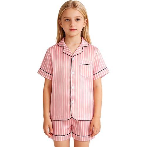 JinBei Pijama Niña Verano, Conjunto de Pijamas Manga Corta Infantil Satén Cómodo 2 Piezas Camisa de Botones y Pantalon Cortos Fresco Ligero Pijama Dormir Casa Ropa Raya Rosa, 11-12 Años