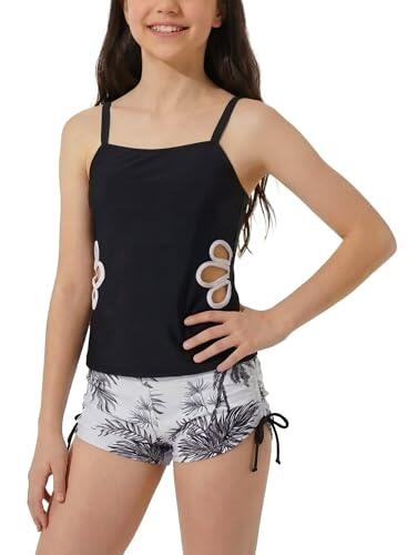 SEAUR Traje de Baño de Dos Piezas para Niña Tankini con Pantalón Corto Conjunto Estampado de Flores con Corte Infantil 9-16 Años, Negro , 11-12 Años