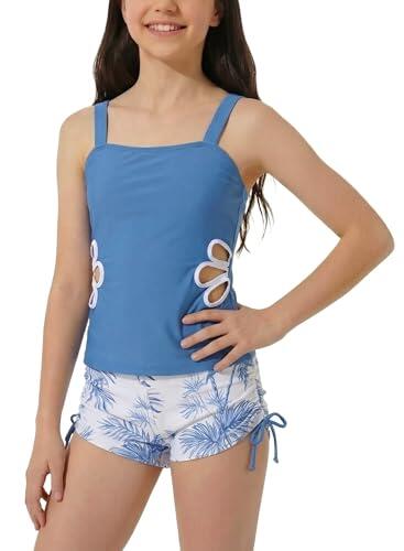 SEAUR Traje de Baño de 2 Piezas para Niña Tankini con Pantalón Corto Conjunto Estampado Floral Cut Out para Niños de 9 a 16 Años, azul, 11-12 Años