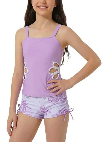 SEAUR Traje de Baño de 2 Piezas para Niña Tankini con Pantalón Corto Conjunto Estampado Floral Cut Out para Niños de 9 a 16 Años, morado, 11-12 Años