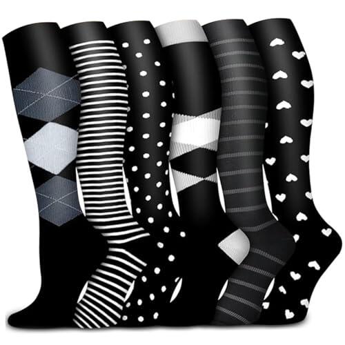6 Pares de Calcetines de Compresión, Medias Elásticas y Transpirables hasta la Rodilla con un Lindo Patrón, Medias de Compresión Amigables con la Piel para Correr, Deporte, Enfermera, Calcetines de