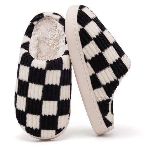 Guyarns Zapatillas de casa Niño Niña,Pantuflas Invierno de Memoria viscoelástica a Cuadros para Niño Suela Antideslizante Dormitorio para Interior Exteriores(Negro,34/35 EU)