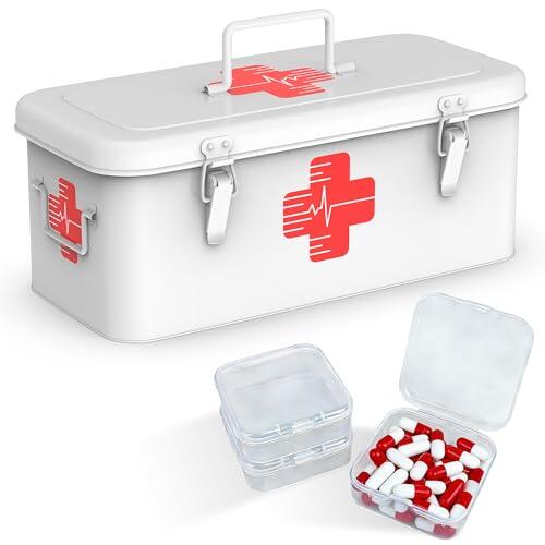 Orionstar Caja de primeros auxilios, gabinete de primeros auxilios con asa superior, lata de almacenamiento de medicamentos de metal con 3 cajas de medicamentos portátiles, caja vacía de primeros
