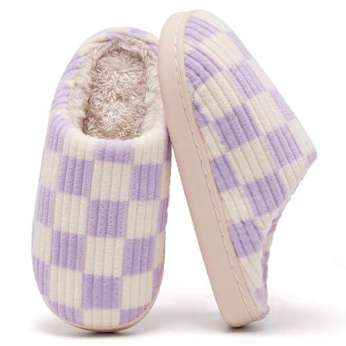 Guyarns Zapatillas de casa Niño Niña,Pantuflas Invierno de Memoria viscoelástica a Cuadros para Niño Suela Antideslizante Dormitorio para Interior Exteriores(Morado,34/35 EU)