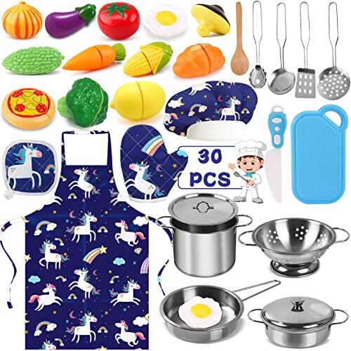 ZPQAODI 30 Piezas Juguetes de Cocina para niños Accesorios, Juguetes de Chef para Niños, Set Utensilios de Cocina Culinario Mini Cocina de Juguete, Delantal y Gorro De Cocinero, Vegetales para Cortar