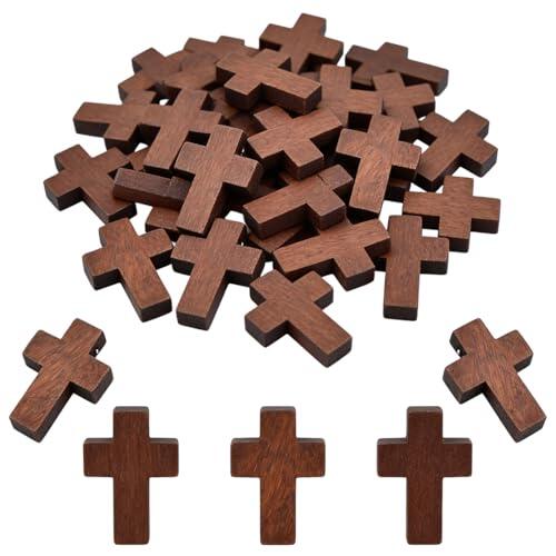 YIPFEN 50 piezas pequeñas cruces de madera con orificio, en miniatura, natural, colgantes, cordón de poliéster, accesorios para joyería, encanto de bendición para hacer collares llaveros