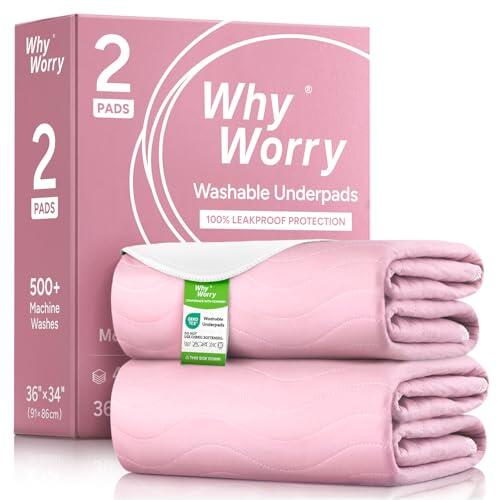 WhyWorry Empapadores Cama Adultos Lavables 86 x 91 cm para Incontinencia, Protector Cama Impermeable Reutilizable Absorbente, Salvacamas Impermeable, 4 Capas de Protección, Oeko-Tex, Rosa, 2 Unidades
