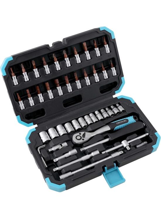 Cecotec Maletín Portaherramientas 46 Piezas ToolBox KRK 2200. Carraca Profesional de 72 Dientes, Vasos CR-V de Alta Resistencia, Puntas de Acero S2, Vasos para Llantas, Maletín Resistente