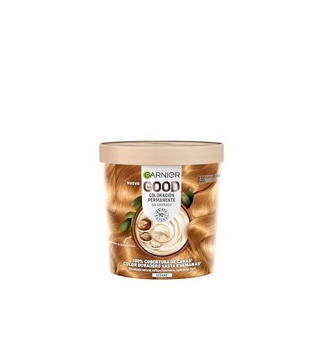 Tinte permanente vegano, Garnier Good Spicy Blonde, 7.33 Rubio miel de cayena, Sin amoniaco y nutritivo, 100% de cobertura de canas, color hasta 8 semanas, con manteca de karité - 75 ml