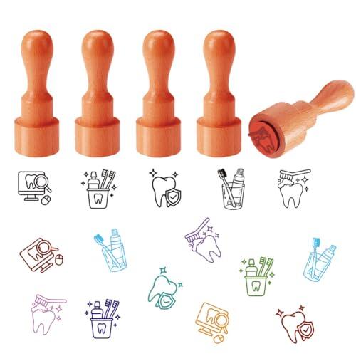 AHANDMAKER 5 estilos de mini sellos de goma de madera, cepillos de dientes con patrones de pasta de dientes, sellos de mango redondo, tema de salud dental, sello decorativo de madera para manualidades