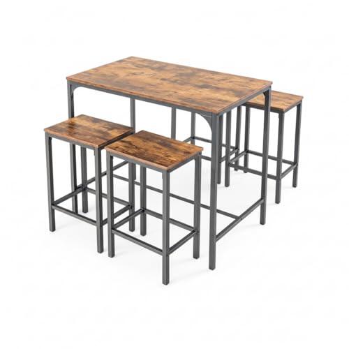Juego de Mesa y Sillas de Bar de 5 Piezas, Mesa de Bar con Taburetes, Mesa de Bar 100×60×90 cm, 4 Taburetes 30×40×65 cm, Estructura de Metal y MDF, para Bar, Comedor, Cocina(Grano de madera retro)