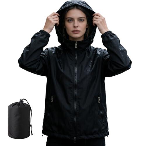 ADUDVLO Chubasquero ligero para mujer, chubasquero para mujer, impermeable, transpirable, chaqueta de ciclismo para mujer, chaqueta deportiva para exteriores, Negro , M