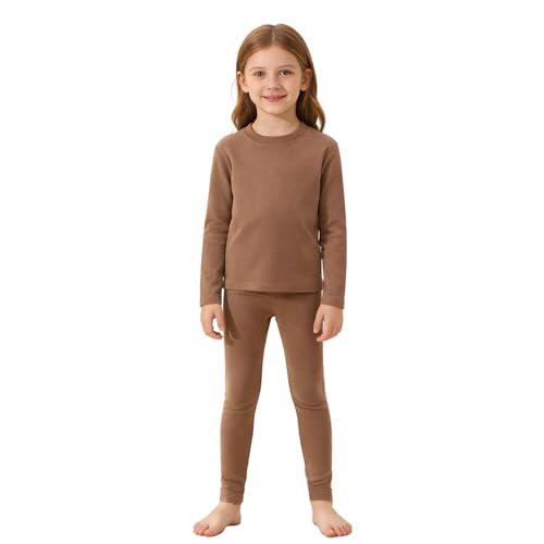 Sywiyi Conjunto de ropa interior térmica para niñas y niños, cuello redondo, camiseta interior, leggings, pantalones, unisex, para otoño e invierno, marrón, 98-104