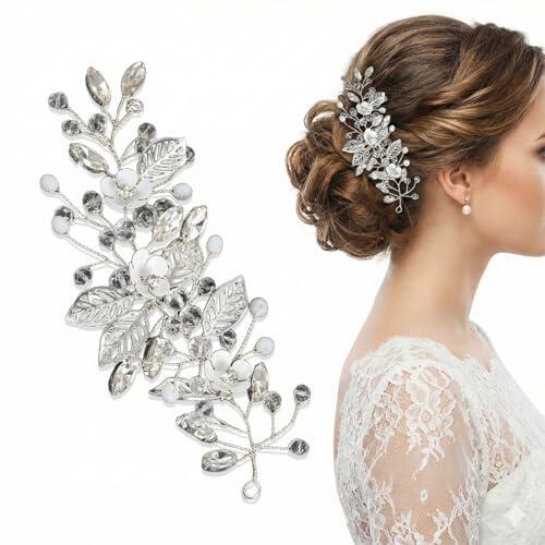 ZOMKIFA Peineta para Novia con Adornos de Flores, Accesorios de Pelo Elegantes para Boda, Peinetas Decorativas para Mujeres y Niñas (Plata)
