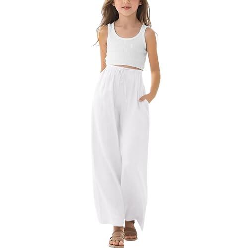 Pantalones largos Palazzo de algodón y lino, pierna ancha, cintura elástica suave, ligeros, casuales, holgados, con bolsillos, para verano, escuela, rectos, para niñas y adolescentes, blanco, 10-11