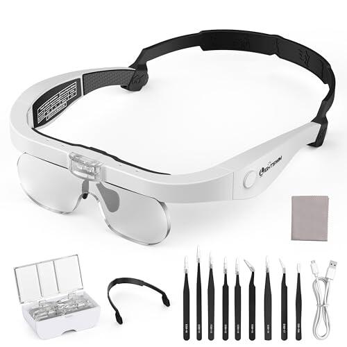 Lupa de cabeza LED, lupa recargable con diadema manos libres con 4 lentes desmontables, gafas de 1.5X-5.0X para trabajos cercanos, manualidades, joyería, lectura