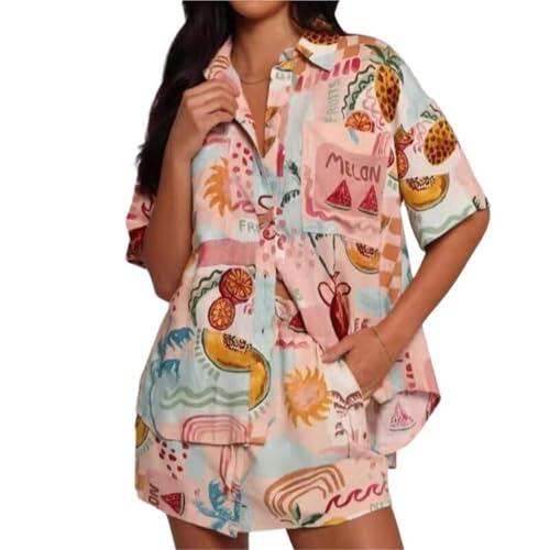 Conjunto de Pantalones de 2 Piezas con Estampado gráfico for Mujer, Conjunto de Dos Piezas con Estampado de Verano(Pink4,L)