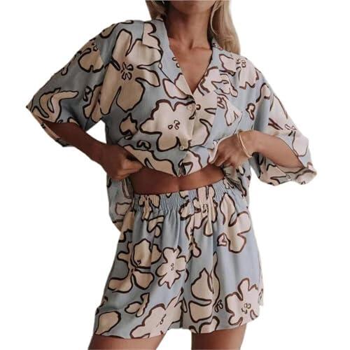 Conjunto de Pantalones de 2 Piezas con Estampado gráfico for Mujer, Conjunto de Dos Piezas con Estampado de Verano(Blue4,S)