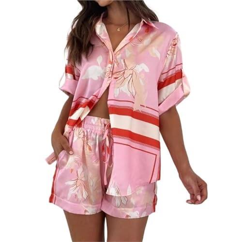 Conjunto de Pantalones de 2 Piezas con Estampado gráfico for Mujer, Conjunto de Dos Piezas con Estampado de Verano(Pink3,S)