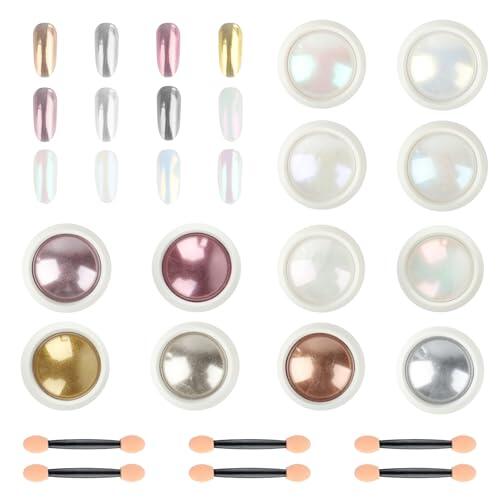 12 Pcs Polvo Cromado para Uñas, 12 Colores Polvo Brillante para Decoración de Uñass, Polvos Uñas Efecto Perla para Nail Arts, con Aplicadores