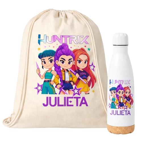 Gifters | Pack Mochila de Cuerdas y Botella Personalizadas KPOP con Nombre | Bolsa de tela 34 x 42 cm + Botella Acero Inox 750 ml | Guardería, Colegio, Excursiones y Educación Infantil, Primaria