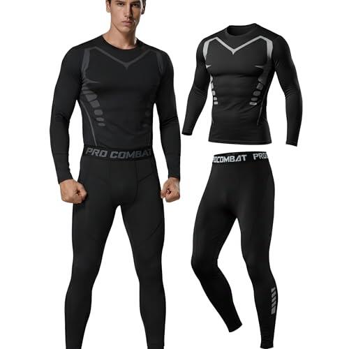 Genérico Conjunto Deportivo Hombre 2 Piezas, Camiseta Térmica Manga Larga y Mallas Running, Ropa Deportiva Hombre, Tejido Deportivo Técnico (M, Negro)