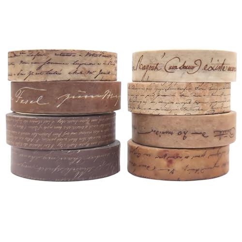 XETHI Juego de 8 Rollos Washi Tape Vintage Estético | Cinta Adhesiva Decorativa Fina 1cm con Patrones Antiguos para DIY Scrapbooking, Manualidades y Tarjetas (Texto Escrito a Mano)