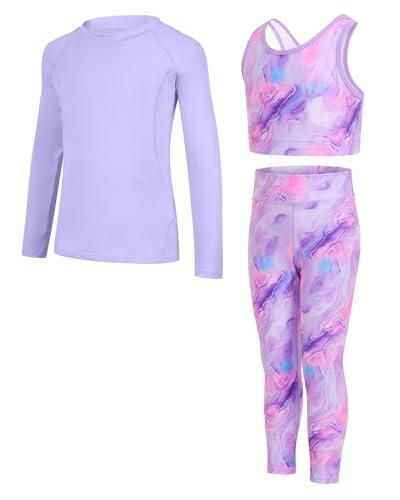JiAmy Conjunto de leggings de yoga para niñas, leggings atléticos, brasier de entrenamiento, gimnasio, camiseta sin mangas, ropa deportiva para 5-12 años, Mármol morado, 11-12 años