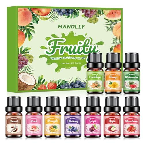 HANOLLY Juego de Aceites Esenciales Frutas 10x5ML, Aceite Esencial Naturales para Humidificador Difusor Velas- Fresa, Arándano, Manzana, Uva, Piña, Melocotón/Durazno, Coco, Sandía, Mango, Cantalupo