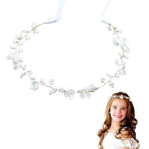 Diadema de flores para niña, diadema de flores de perlas blancas, Tocado de Primera Comunión para Niñas, para cumpleaños, fiesta, primera comunión, boda (B)