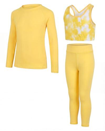 JiAmy Conjunto de leggings de yoga para niñas, leggings atléticos, brasier de entrenamiento, gimnasio, camiseta sin mangas, ropa deportiva para 5-12 años, amarillo, 8-9 años