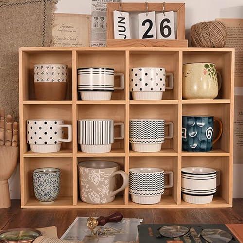 Onxyrbyte Expositor de Tazas de Madera para Pared,Estante Organizador de Tazas de Té para Pared,Vitrina Rústica para Vasos de Chupito de Pared,para Hogar,Cocina,Salas de Estar y Oficina