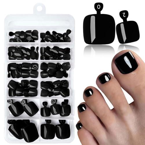 LunarCharm 120 piezas de uñas postizas negras para pies, uñas de pies adhesivas con pestañas de pegamento, uñas artificiales negras para presionar y pegar