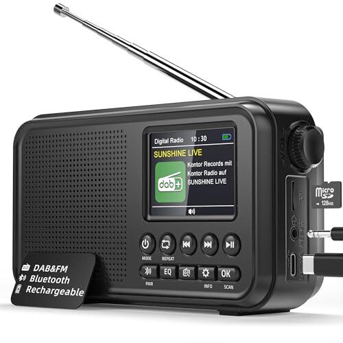 Mesqool Radio Digital Dab&FM con Bluetooth, Batería Recargable de 3000mAh, Compatibilidad con Tarjetas TF de 64GB, Carga Tipo C, Toma de Auriculares, 40 Presintonías FM & 40 Dab, Doble Alarma