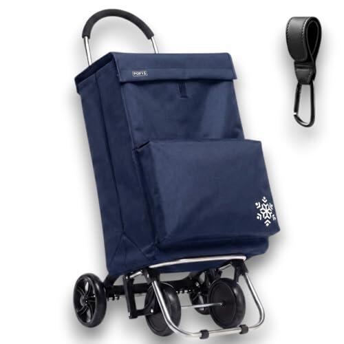 POPYS® Carro de la Compra de 50L + Gancho Multiusos de Regalo con Compartimento Refrigerante | Carrito Compra de 4 y 2 Ruedas Ideal para Supermercado (Requiere Montaje) (Azul Marino)