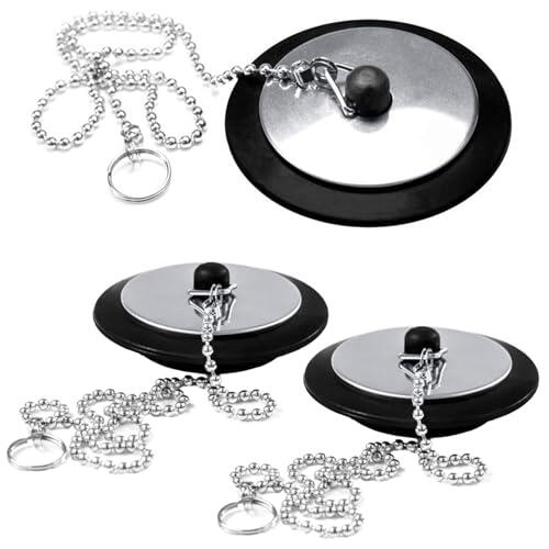 2 tapones de baño universales con cadena de acero inoxidable de 40 cm, goma negra, reemplazo de tapón de baño, reemplazo de tapón de fregadero de baño, repuesto de enchufe de fregadero de cocina y