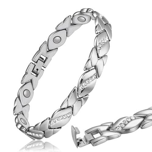 YIPFEN 1 Pcs Pulsera Magnética Mujer Salud, Pulsera de Cobre Mujer, Pulsera Linfo Drenaje Magnética Ajustable con Imán Ultrafuerte, Pulsera Magnética Elegante (Plata)