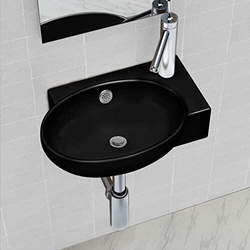 Lavabo de cerámica redondo negro, superficie brillante, 410 x 280 x 125 mm, con rebosadero y orificio para grifo, para cuarto de baño, lavandería, sala de maquillaje