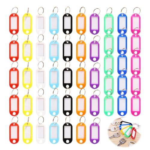 50 llaveros rotulables, 10 colores, de plástico, coloridos, con etiquetas para el hogar, oficina, identificador de mascotas, etiquetas de equipaje