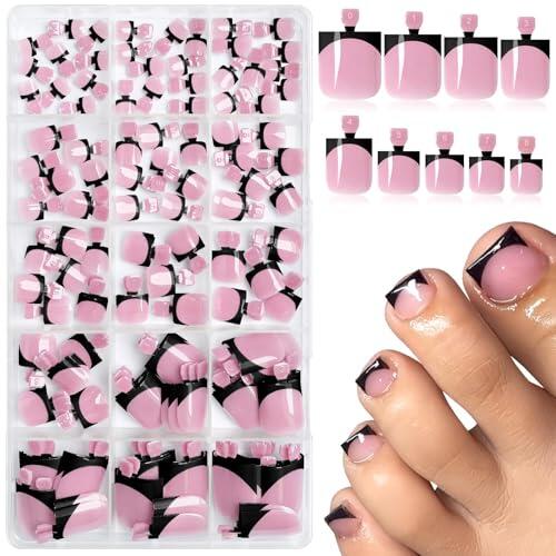 BelleFlair 150 piezas de uñas postizas negras para pies, uñas francesas negras cuadradas cortas, 15 tamaños de postizas para pedicura mujeres