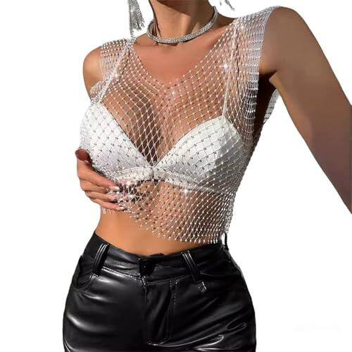 IBXWMNG Brillante Rhinestone Malla Cuerpo Cadena Tops, Top de malla con diamantes de imitación para mujer, para Mujeres y niñas, para Mujeres Brillante Bikini Crop Top para Discoteca Fiesta Festival-S
