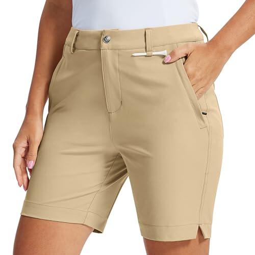 MoFiz Pantalones de Golf para Mujer Hiking Shorts Ligeros Elasticos Bermudas Trekking Pants de Trabajo Impermeable con Bolsillos Caqui S