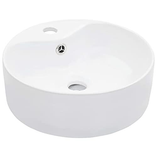 Lavabo redondo de cerámica de 36 x 13 cm, color blanco, con protección contra desbordamiento y orificio para grifo, diseño moderno para cuarto de baño