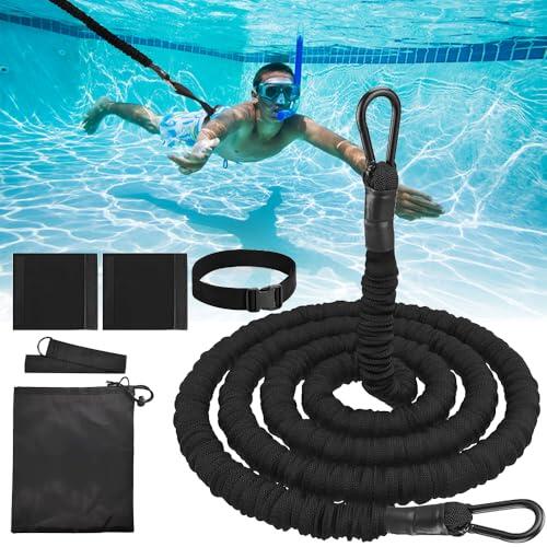 Cinturon Natacion Adulto, Afenau 4m Entrenador de Natación Ajustable con Bolsa de Almacenamiento, Cinturón de Natación para Piscina, Goma Elastica Natacion para Ayuda para Nadar