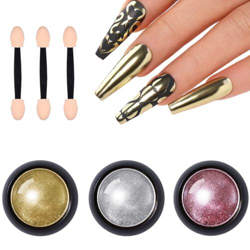 YIPFEN Polvo Metálico para Uñas, Polvo Cromado, Chrome Nail Powder, Efecto Espejo, Glitter Metálico, Diseño Cromado, 3 Frascos (0,6/frasco)