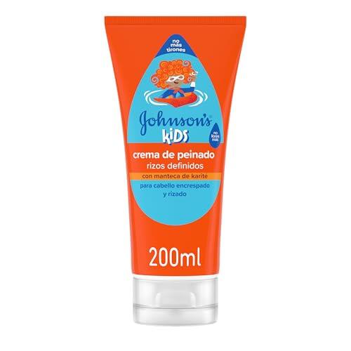 Johnson’s Kids Crema de peinado rizos definidos (200 ml), acondicionador pelo rizado con manteca de karité, 24 h de definición e hidratación, crema rizos para el pelo encrespado de los niños