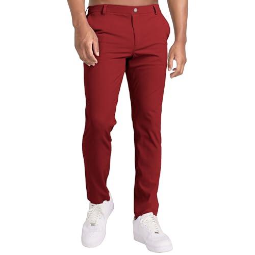 Pantalones de golf básicos para hombre, casuales, elásticos, ajuste regular, pantalones cónicos, ligeros, ajustados, parte delantera plana, Rojo, XL