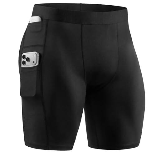 Tigersay Pantalones Cortos de Compresión Ropa Interior Funcional Hombre con Bolsillo Móvil y Auriculares, Secado Rápido Transpirable, Calzoncillos Deportivos Base Layer para Fitness Gimnasio Running