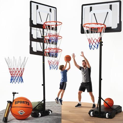 VOWNER Cesta de Baloncesto Exterior con Altura Regulable 155-205 cm, Soporte Móvil con Base Ampliada y Bolsa de Arena, Incluye Balón Talla 5 y Bomba, Ideal para Niños y Adultos
