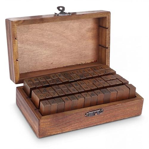 Eulihent 70 Piezas Sellos Letras, Vintage Juego de Sellos de Madera Alfabeto Completo, Números y Símbolos con Caja de Madera, para Hacer Tarjetas, Decoración y Álbum de Recortes
